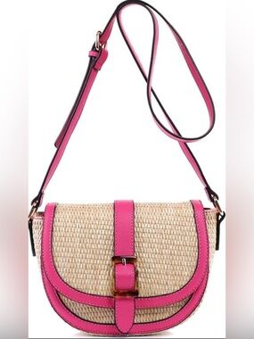IZZY & ALI Pink Vegan Leather Trim & Woven Straw Crossbody Purse